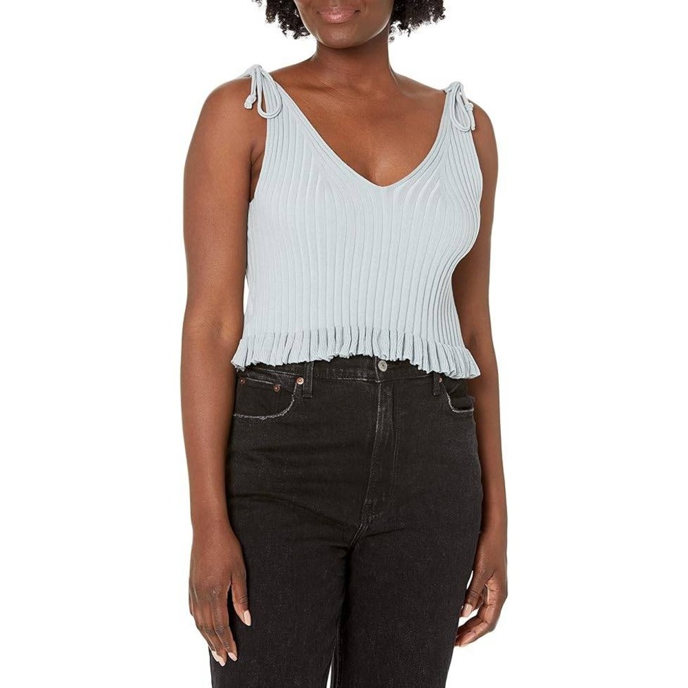 BCBGeneration Ribbed Knit Tie Shoulder Ruffle Hem Camisole Blue Small